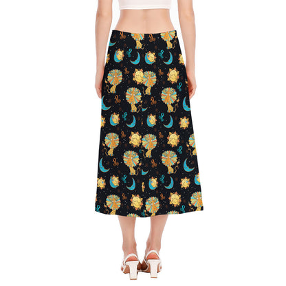 Cute Cartoon Leo Pattern Print Side Slit Midi Skirt