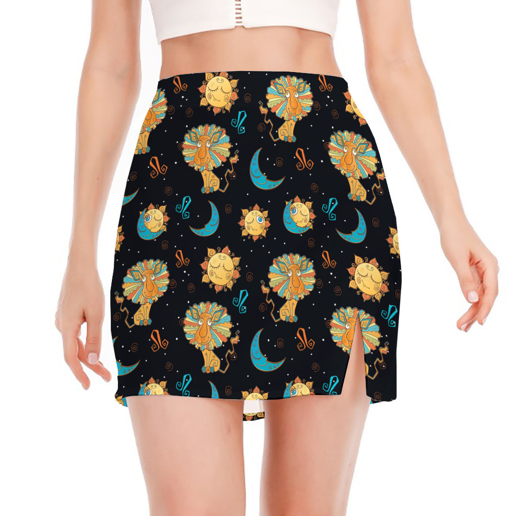 Cute Cartoon Leo Pattern Print Side Slit Mini Skirt