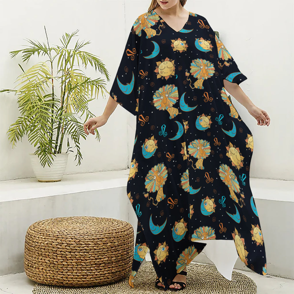 Cute Cartoon Leo Pattern Print Silk V-Neck Kaftan Dress