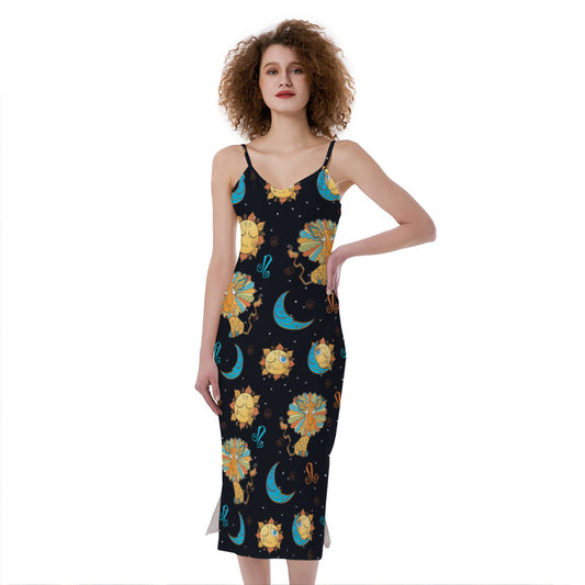 Cute Cartoon Leo Pattern Print Slim Fit Midi Cami Dress