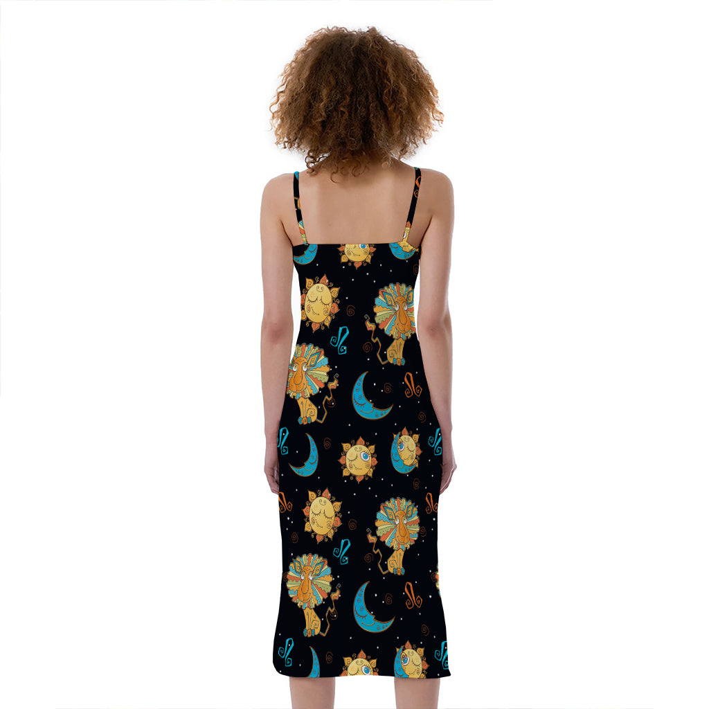 Cute Cartoon Leo Pattern Print Slim Fit Midi Cami Dress