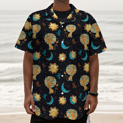Cute Cartoon Leo Pattern Print Textured Short Sleeve Shirt