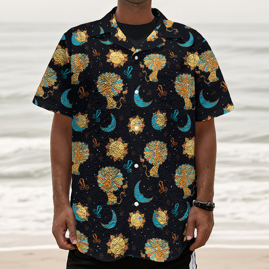 Cute Cartoon Leo Pattern Print Textured Short Sleeve Shirt
