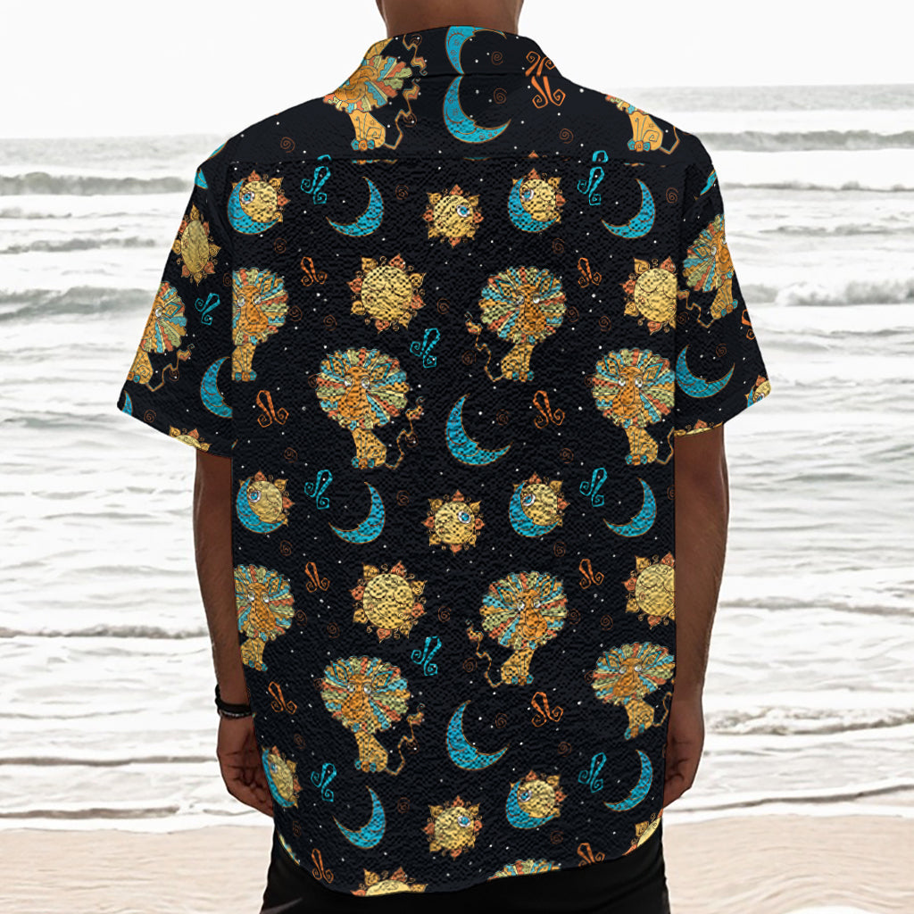 Cute Cartoon Leo Pattern Print Textured Short Sleeve Shirt