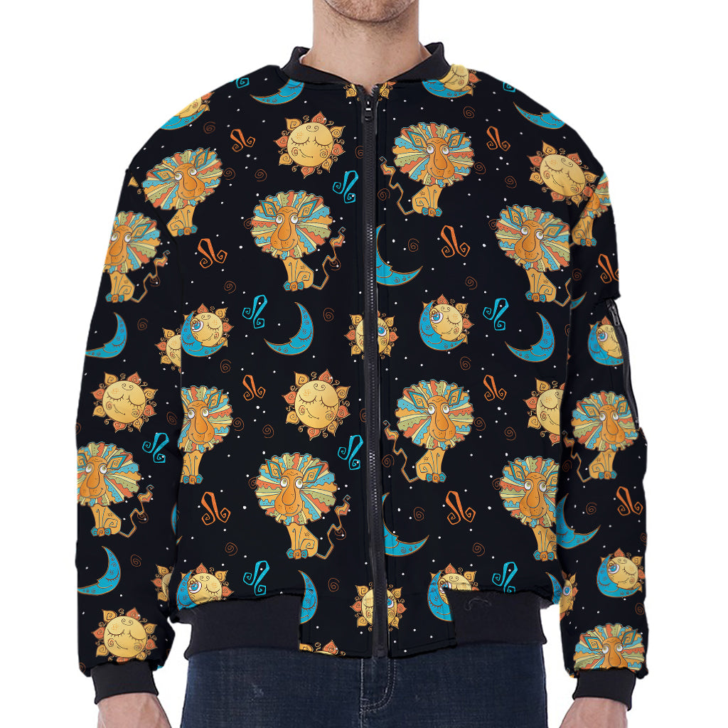 Cute Cartoon Leo Pattern Print Zip Sleeve Bomber Jacket