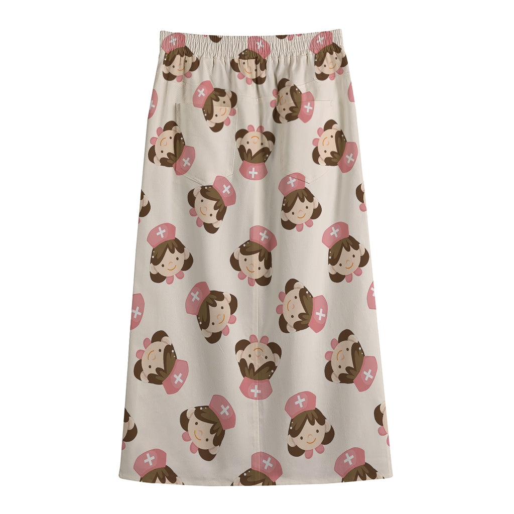 Cute Cartoon Nurse Pattern Print Cotton Front Slit Maxi Skirt