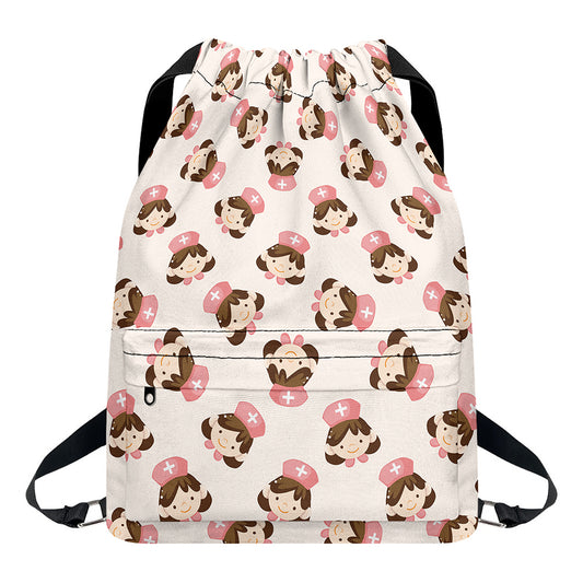 Cute Cartoon Nurse Pattern Print Drawstring Backpack
