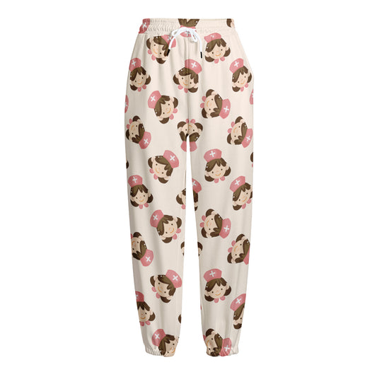 Cute Cartoon Nurse Pattern Print Fleece Lined Knit Pants