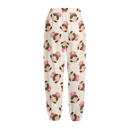 Cute Cartoon Nurse Pattern Print Fleece Lined Knit Pants