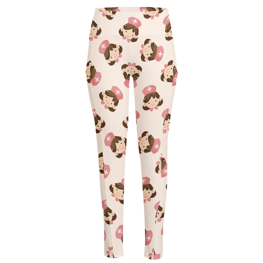 Cute Cartoon Nurse Pattern Print High-Waisted Pocket Leggings