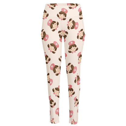Cute Cartoon Nurse Pattern Print High-Waisted Pocket Leggings