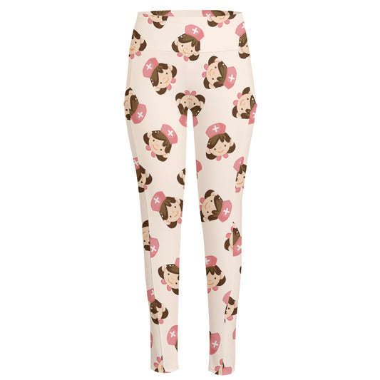Cute Cartoon Nurse Pattern Print High-Waisted Pocket Leggings