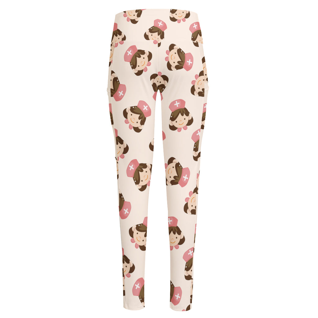 Cute Cartoon Nurse Pattern Print High-Waisted Pocket Leggings