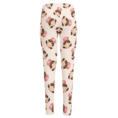 Cute Cartoon Nurse Pattern Print High-Waisted Pocket Leggings