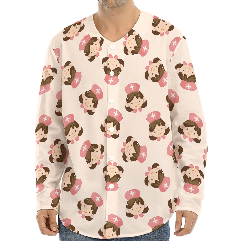 Cute Cartoon Nurse Pattern Print Long Sleeve Baseball Jersey
