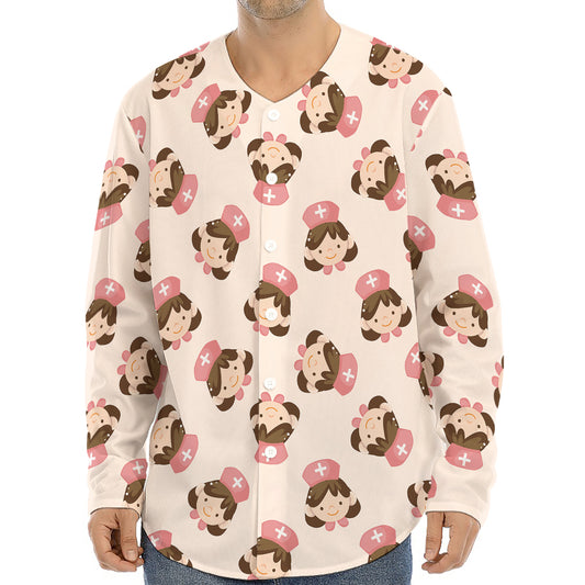 Cute Cartoon Nurse Pattern Print Long Sleeve Baseball Jersey