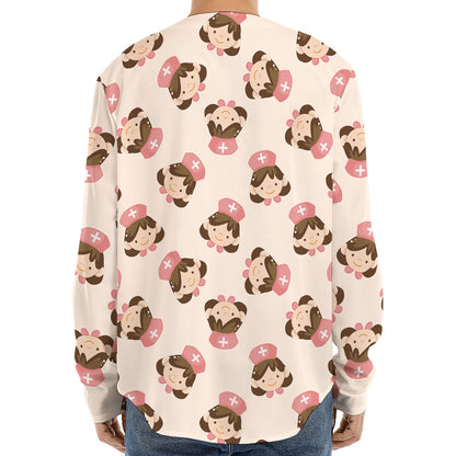 Cute Cartoon Nurse Pattern Print Long Sleeve Baseball Jersey