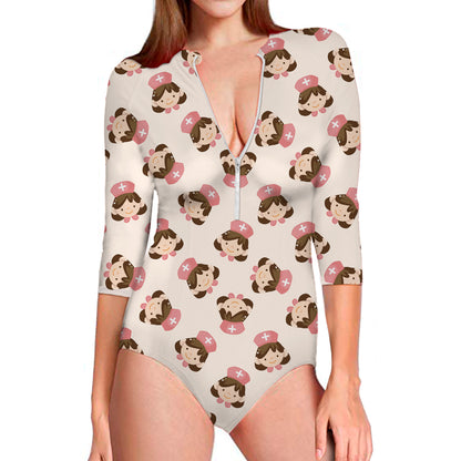 Cute Cartoon Nurse Pattern Print Long Sleeve Swimsuit