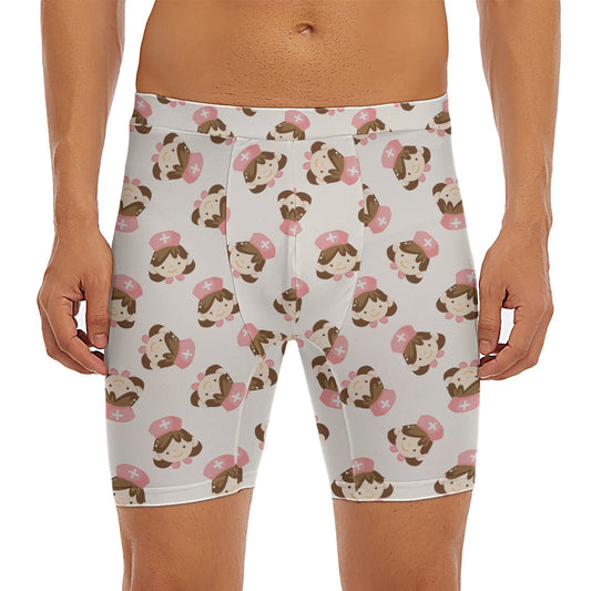 Cute Cartoon Nurse Pattern Print Men's Long Boxer Briefs