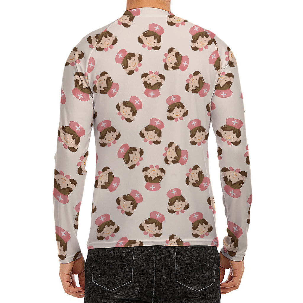 Cute Cartoon Nurse Pattern Print Men's Long Sleeve Rash Guard