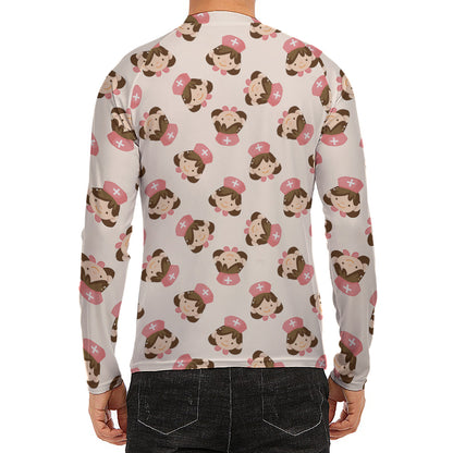 Cute Cartoon Nurse Pattern Print Men's Long Sleeve Rash Guard