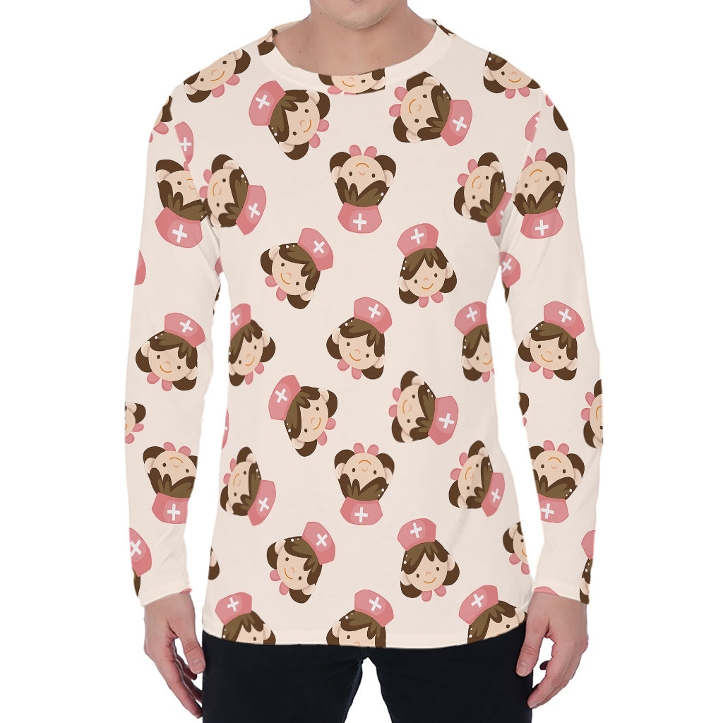 Cute Cartoon Nurse Pattern Print Men's Long Sleeve T-Shirt