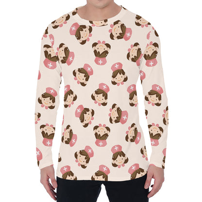 Cute Cartoon Nurse Pattern Print Men's Long Sleeve T-Shirt