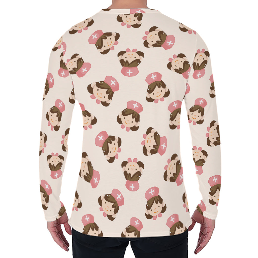 Cute Cartoon Nurse Pattern Print Men's Long Sleeve T-Shirt