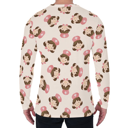 Cute Cartoon Nurse Pattern Print Men's Long Sleeve T-Shirt