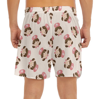 Cute Cartoon Nurse Pattern Print Men's Split Running Shorts