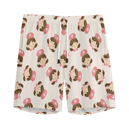 Cute Cartoon Nurse Pattern Print Men's Sports Shorts