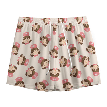 Cute Cartoon Nurse Pattern Print Mesh Shorts
