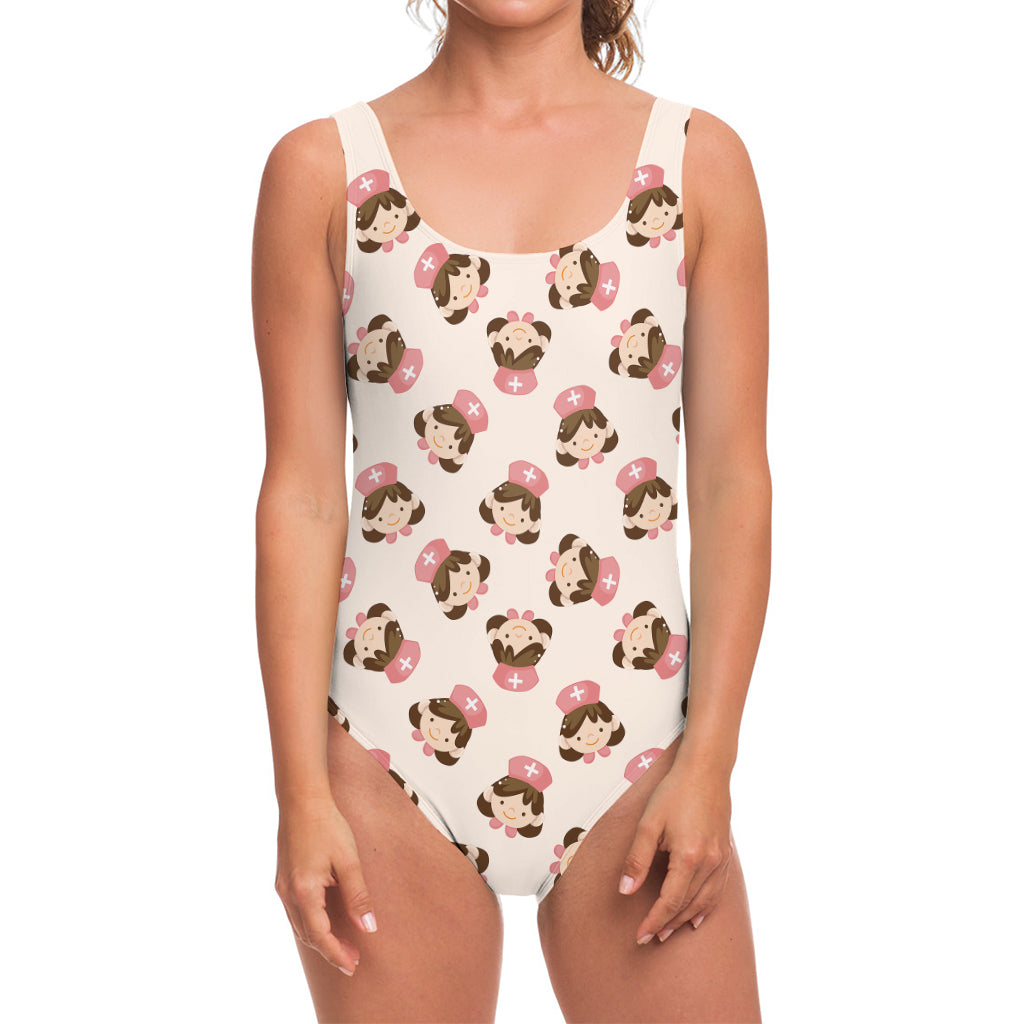 Cute Cartoon Nurse Pattern Print One Piece Swimsuit