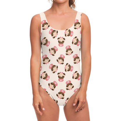 Cute Cartoon Nurse Pattern Print One Piece Swimsuit