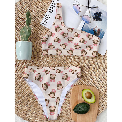 Cute Cartoon Nurse Pattern Print One Shoulder Bikini Top
