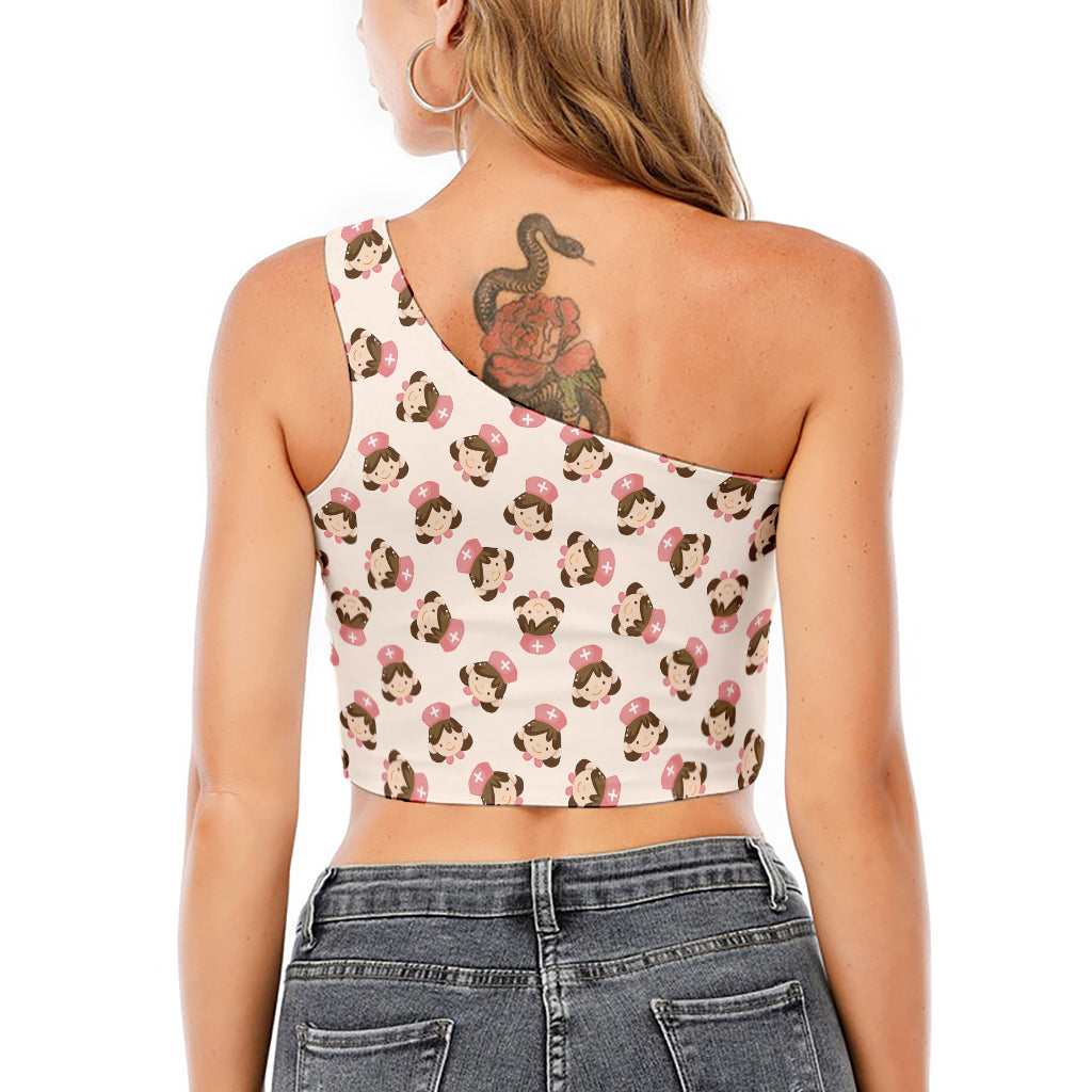 Cute Cartoon Nurse Pattern Print One Shoulder Crop Top