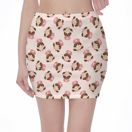 Cute Cartoon Nurse Pattern Print Pencil Mini Skirt