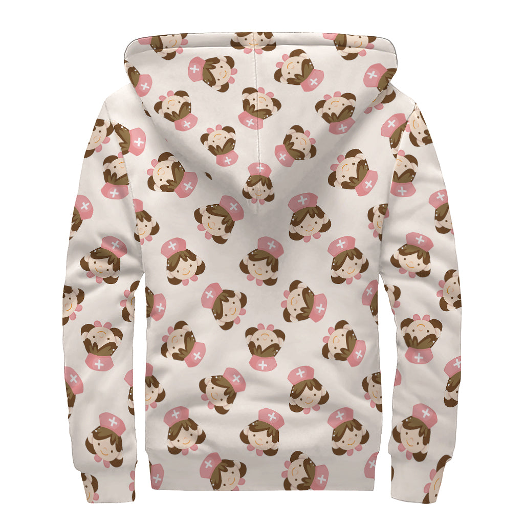 Cute Cartoon Nurse Pattern Print Sherpa Lined Zip Up Hoodie