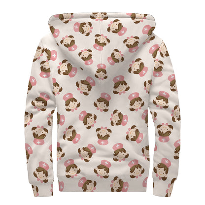 Cute Cartoon Nurse Pattern Print Sherpa Lined Zip Up Hoodie