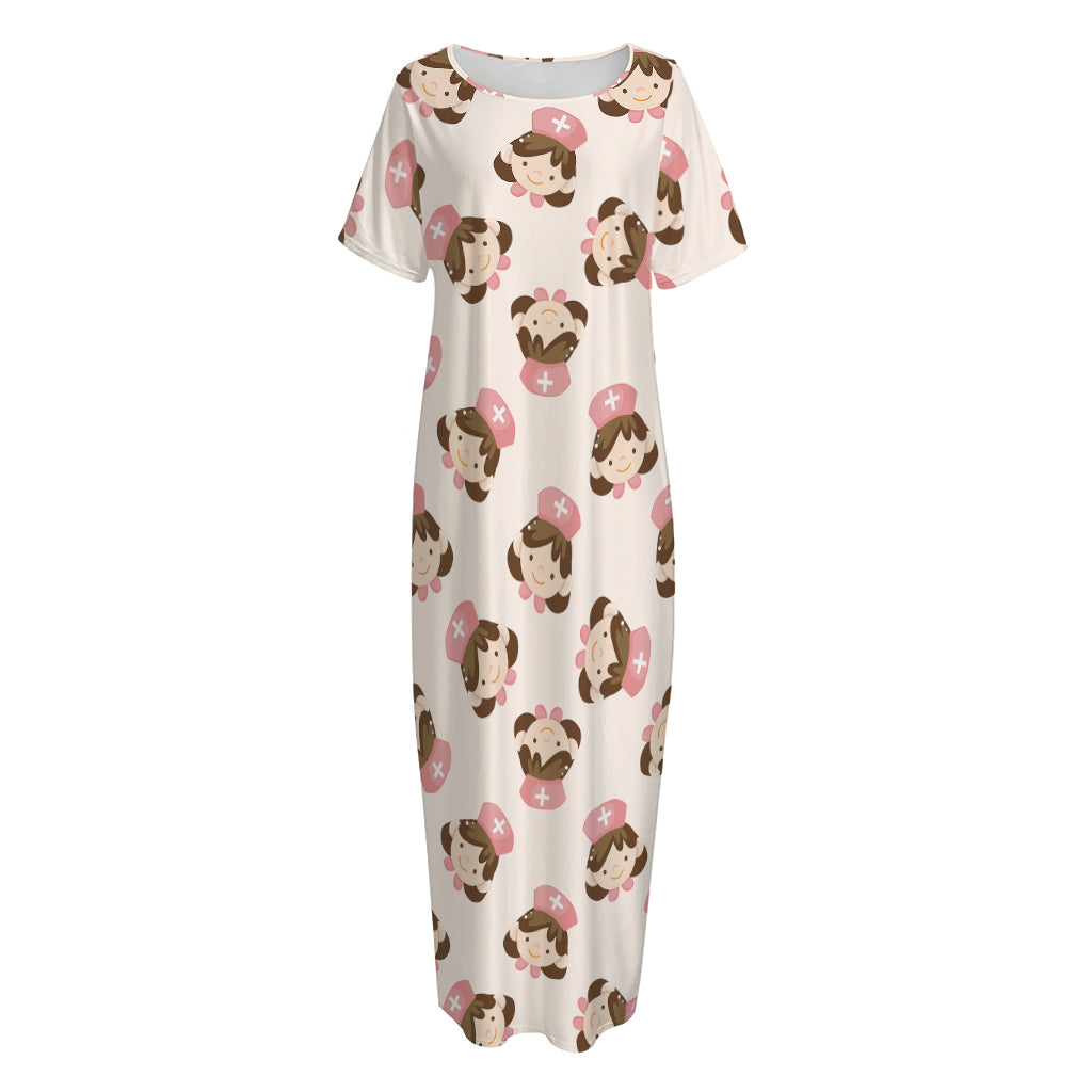 Cute Cartoon Nurse Pattern Print Short Sleeve Long Nightdress