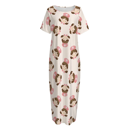 Cute Cartoon Nurse Pattern Print Short Sleeve Long Nightdress