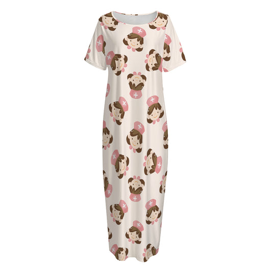 Cute Cartoon Nurse Pattern Print Short Sleeve Long Nightdress