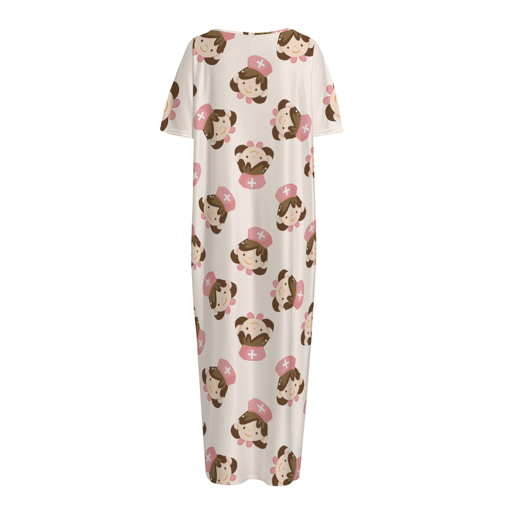 Cute Cartoon Nurse Pattern Print Short Sleeve Long Nightdress
