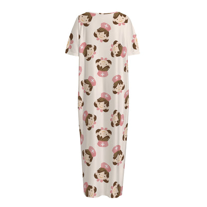 Cute Cartoon Nurse Pattern Print Short Sleeve Long Nightdress