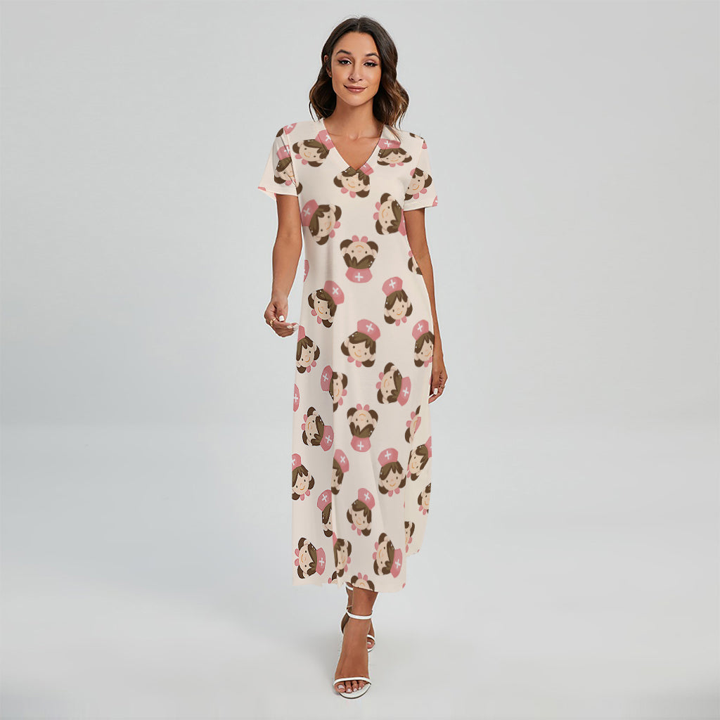 Cute Cartoon Nurse Pattern Print Short Sleeve Maxi Dress