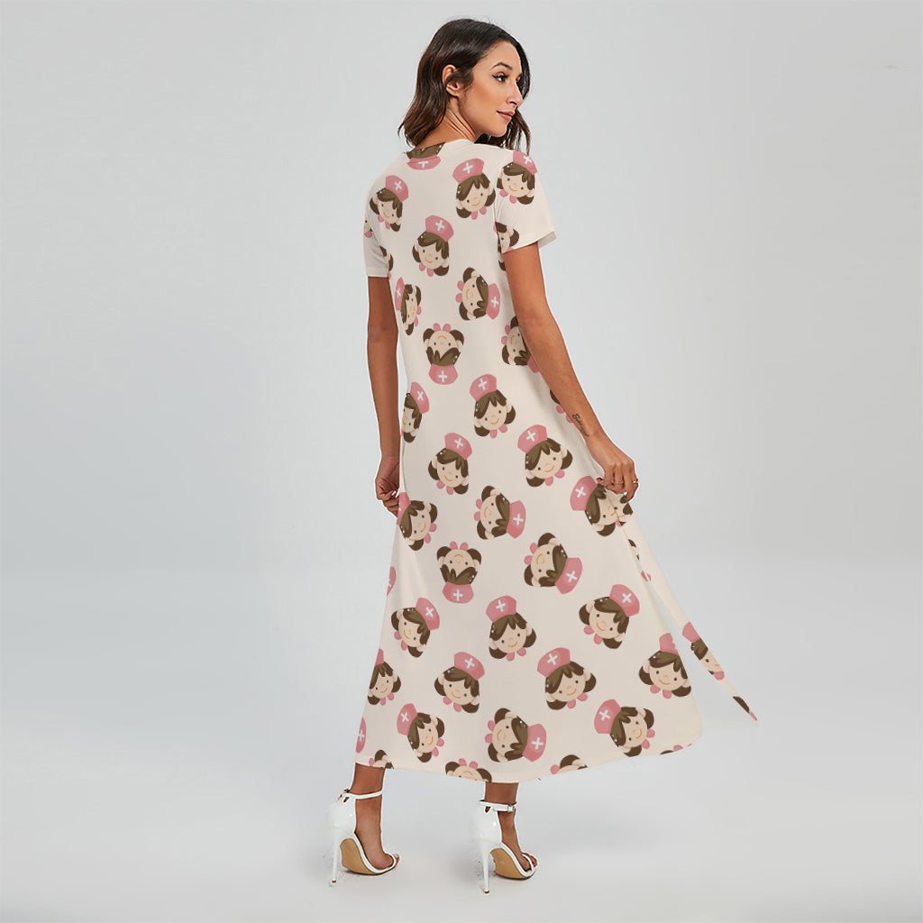 Cute Cartoon Nurse Pattern Print Short Sleeve Maxi Dress