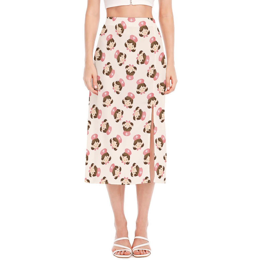 Cute Cartoon Nurse Pattern Print Side Slit Midi Skirt