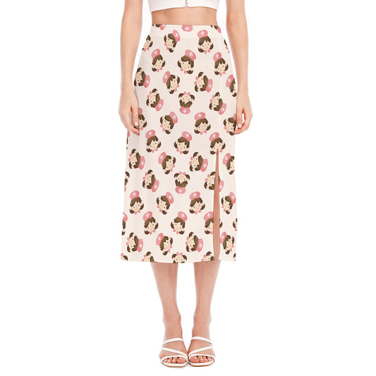 Cute Cartoon Nurse Pattern Print Side Slit Midi Skirt