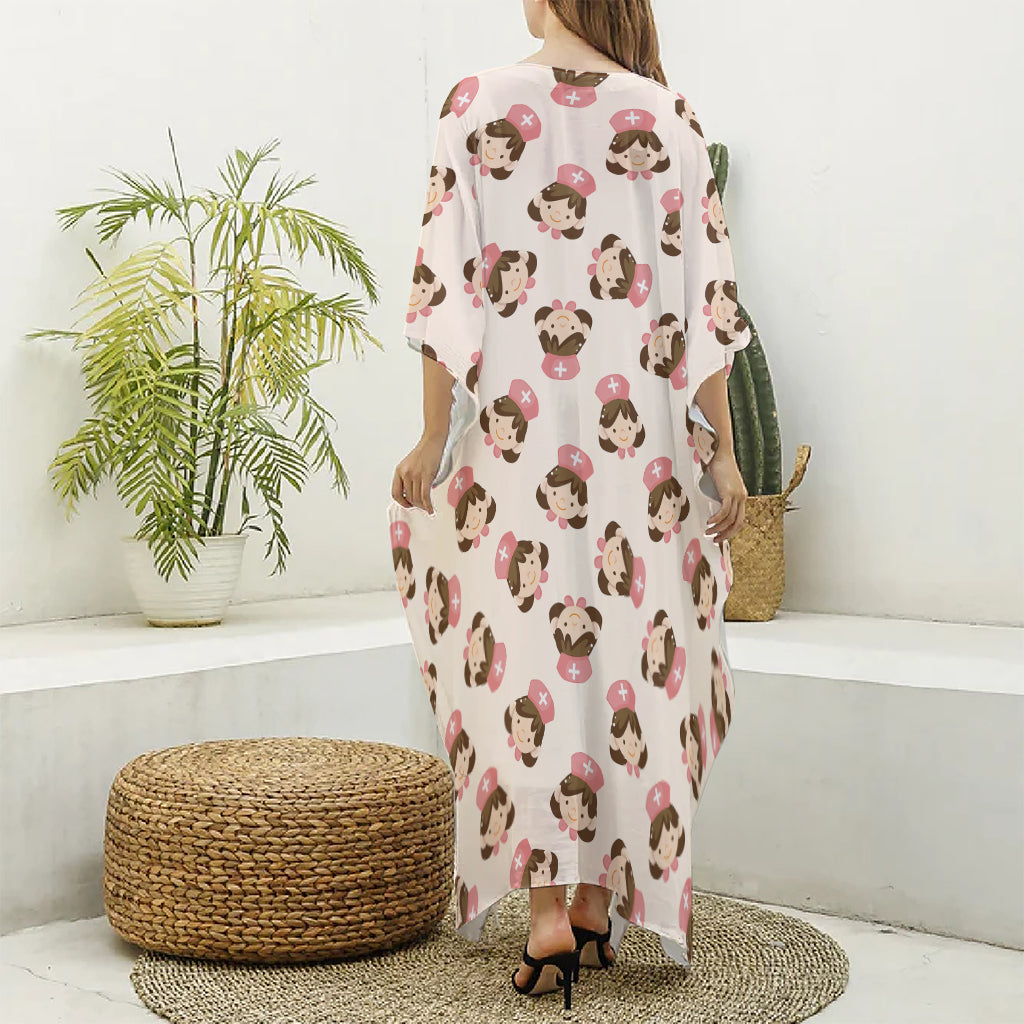 Cute Cartoon Nurse Pattern Print Silk V-Neck Kaftan Dress