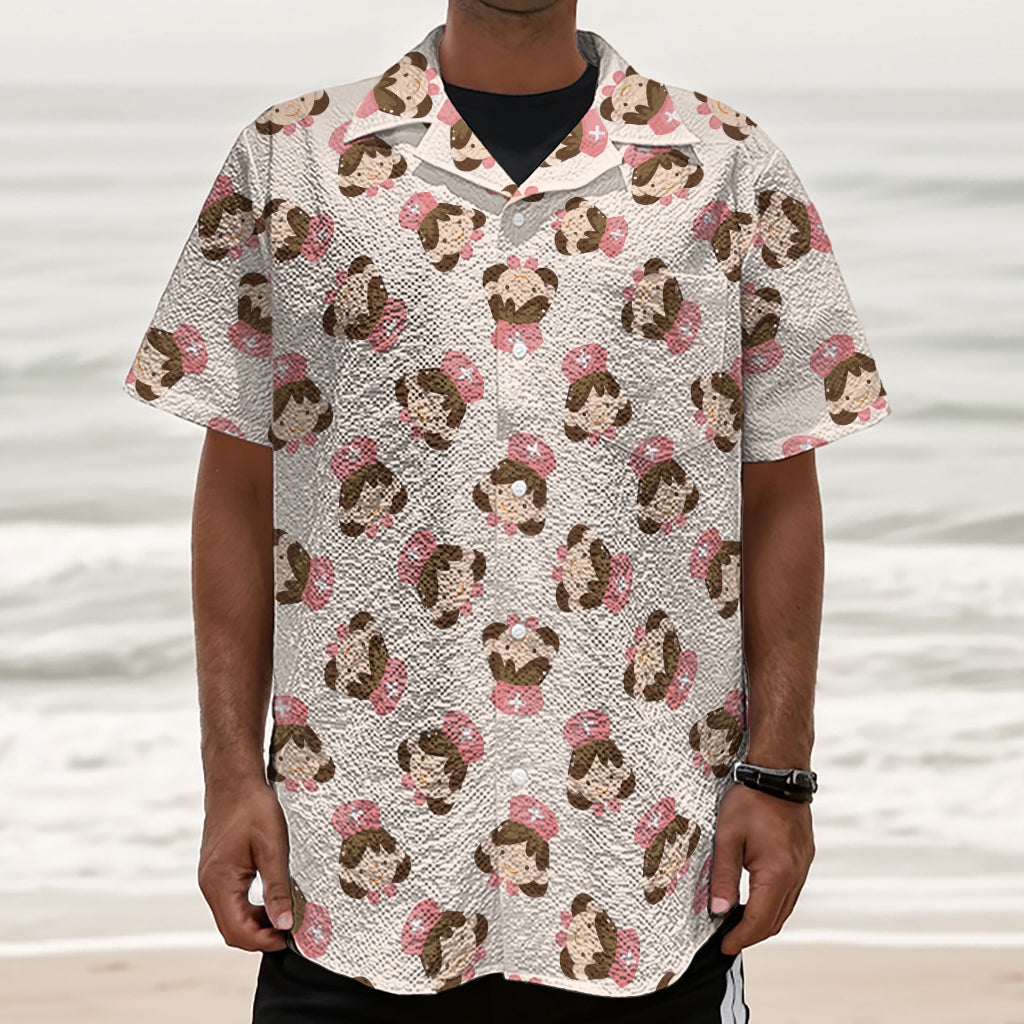 Cute Cartoon Nurse Pattern Print Textured Short Sleeve Shirt